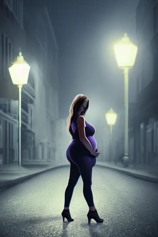 Image similar to pregnant woman under street light, highly detailed, sharp focused, ultra realistic digital concept art, cinematic shot, 4k.