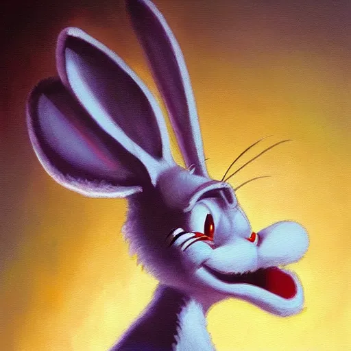 Prompt: a beautiful, soulful oil painting of bugs bunny by craig mullins ; anatomically correct