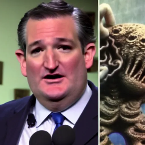 Prompt: ted cruz as a hideous octopus monster, destroys a city, news coverage on local affiliate