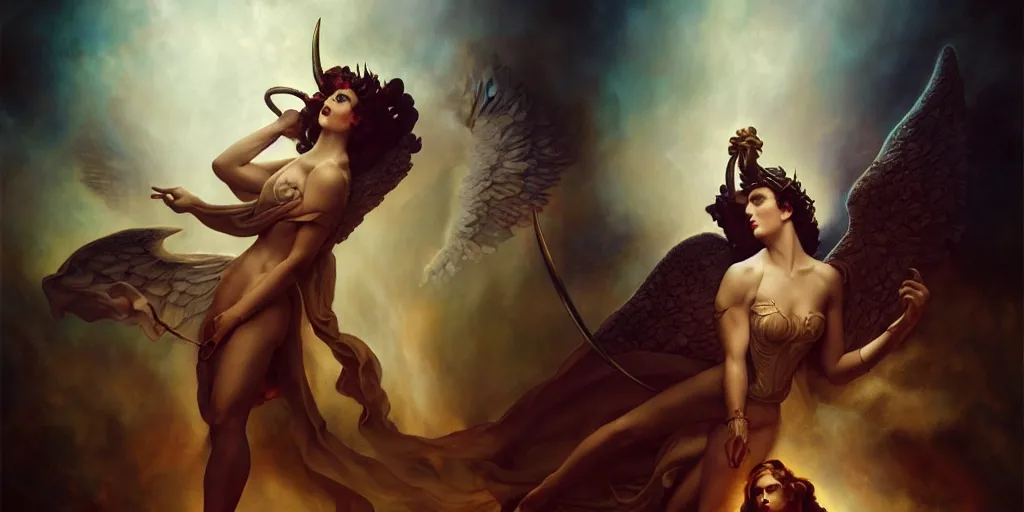 Image similar to Angels and demons, by Rolf Armstrong and Evelyn De Morgan and Bastien Lecouffe-Deharme, dramatic lighting, high contrast colors, baroque, empyrean, panoramic view, as trending on Artstation, highly detailed, doom engine,