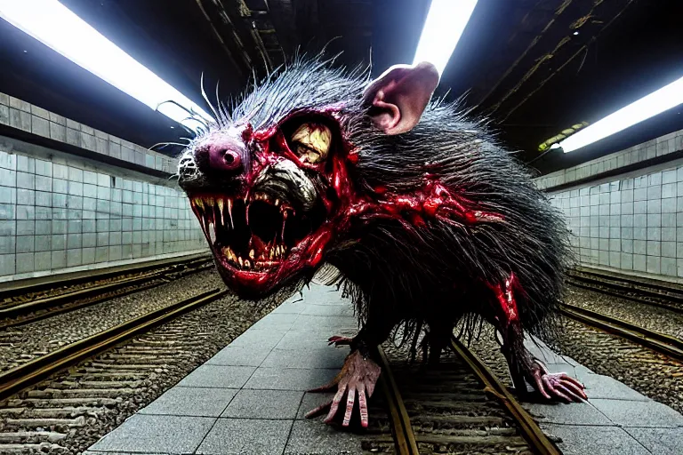 Image similar to very large giant mutant zombie irradiated ( angry rat ) staying on railways in tonnel of moscow subway. tonnel, railways, giant angry rat, furr, fangs, claws, very realistic. fog, extreme long shot, herman nitsch, giger, anish kapoor.