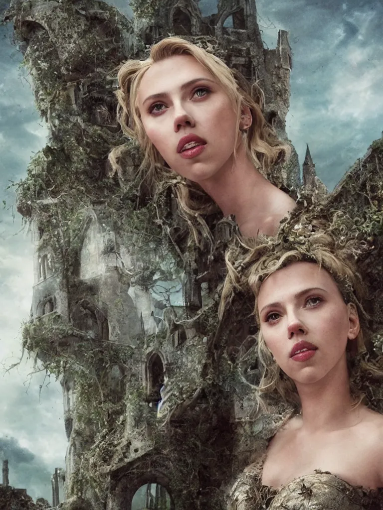 Image similar to portrait of scarlett johansson as a fairy medieval in a ruined castle holding a knife, decolletage, confident pose, coherent, insane detail, concept art, character concept, cinematic lighting, global illumination radiating a glowing aura