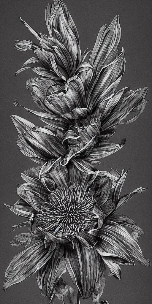 Image similar to highly detailed beautiful photography of flower, sharp focus, dramatic, dynamic, lighting, elegant, black background, harmony, beauty, masterpiece, by durero, by kim jung gi, pen draw