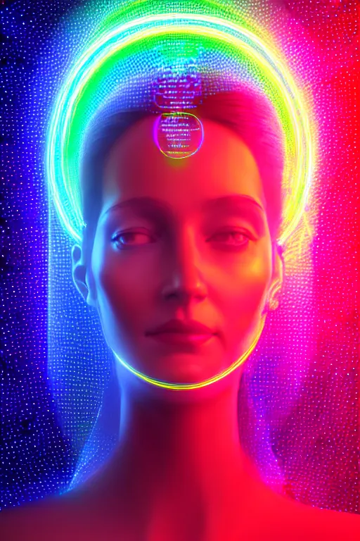 Prompt: portrait of the goddess of artificial intelligence as a hologram, in front of a rainbow of data, threads of light in the background, extremely high quality artwork, very detailed, anthropomorphic silhouette, trending on artstation