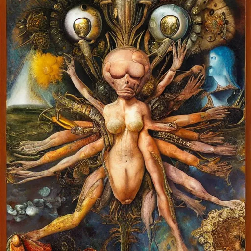 Image similar to an oil painting by arcimboldo, by georgia o keeffe, by botticelli, by giger, by frank frazetta, by gustave moreau, by beksinski, seen through a kaleidoscope, broke mirror, contemporary, brutal, vanity, broken, nerve system, medical, jewels, nebula, space, tonalism, merged, akira