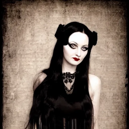 Image similar to young woman, angelica morticia addams, long black hair, short, flapper, vintage, creepy, beautiful, macabre