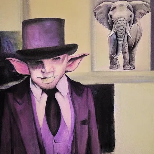 Image similar to in an art gallery, there is a huge painting of an elephant by marlene dumas. a man in a top hat and a suit is looking up at the painting. cgsociety, surrealism, surrealist, dystopian art, purple color scheme