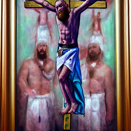 Image similar to religious portrait, conor mcgregor on the cross, crucifixion, oil on canvas, digital art