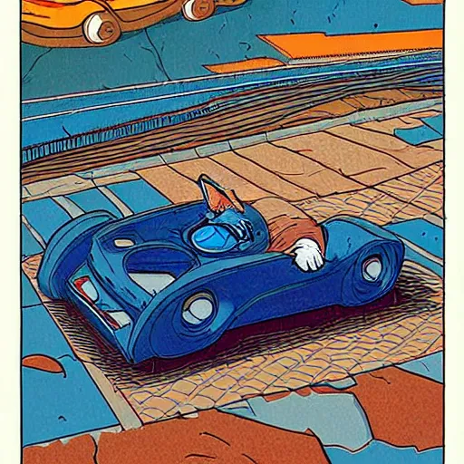 Prompt: a cat, a car, by jean giraud