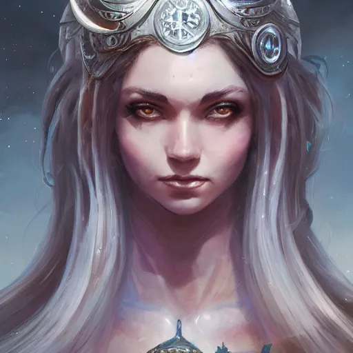 Image similar to lunar goddess, d & d, fantasy, portrait, highly detailed, digital painting, trending on artstation, concept art, sharp focus, illustration, art by artgerm and greg rutkowski and magali villeneuve