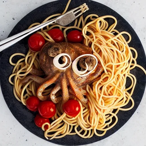 Image similar to octopus with spaghetti as its tentacles, and a meatball as its body