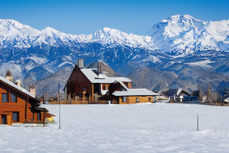 Image similar to architecture photo modern fachwerk house cottage settlement with Elbrus mountain on the background, architecture, photorealism 8k , high details