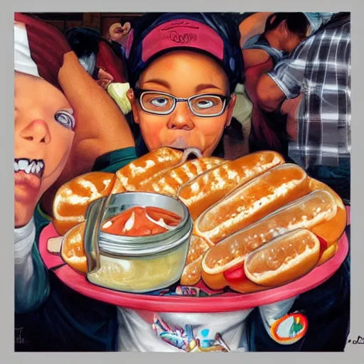 Image similar to hot dogs and yogurt is a messy eating contest, wlop, artgerm, mucha