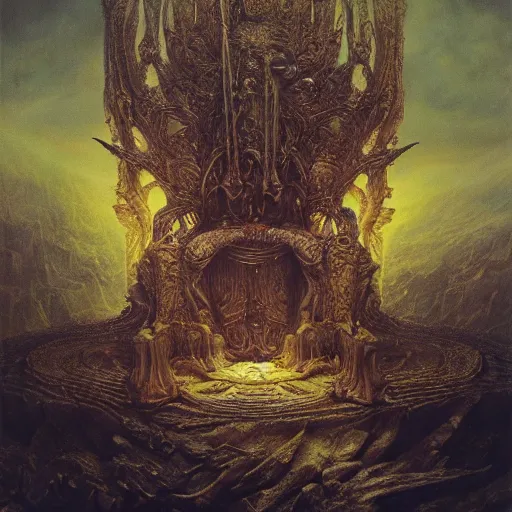 Image similar to the throne of illusion | highly detailed matte painting, hyperrealistic, very intrincate | cinematic lighting, award - winning | by rachel ruysch, giger, beksinski and bocklin | by austin osman spare and william blake, trending on artstation, cgsociety, official art, octane.