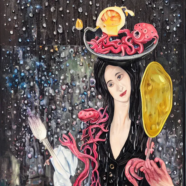 Image similar to a portrait in a dark laneway, a woman holding pancakes, streetlamps, wet, puddles, berries dripping, scientific instruments, ikebana, octopus, neo - expressionism, surrealism, acrylic and spray paint and oilstick on canvas