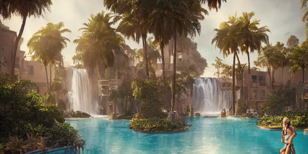 Image similar to beautiful pool waterfalls surrounded by palm trees, moroccan tile archways, industrial buildings, rusty metal towers, sun setting, ross tran, fantasy, james jean, peter morbacher, angelarium, alchemy, luxury, heavenly light, soft illumination, trending on artstation, cinematic lighting, digital painting, octane render, artgerm