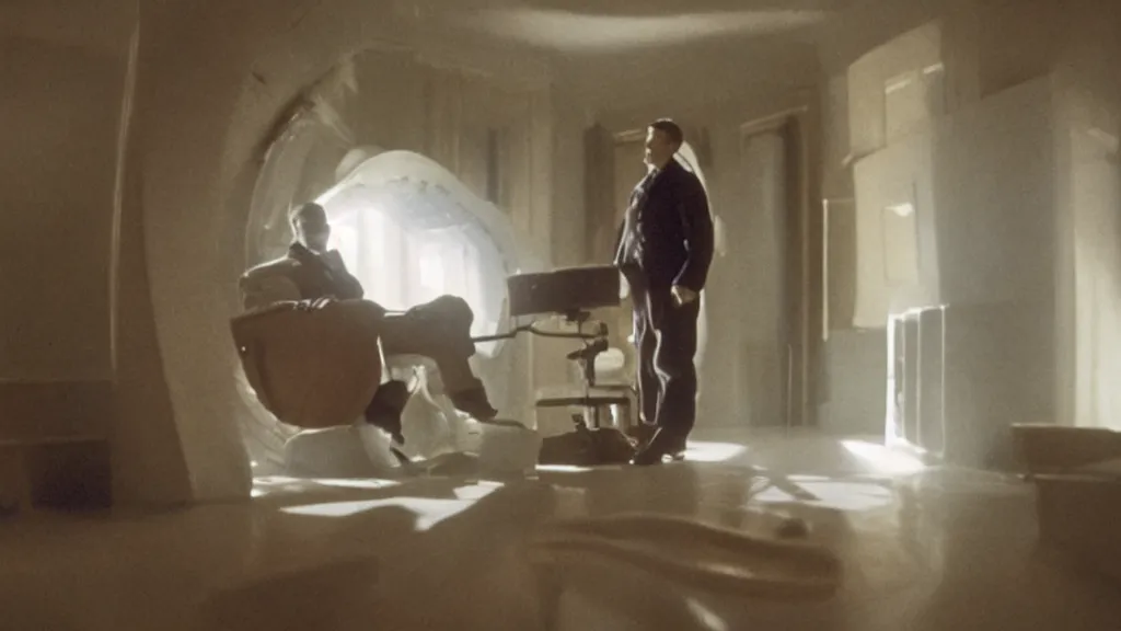 Image similar to an mri image of james cavell in the living room, film still from the movie directed by denis villeneuve with art direction by salvador dali, wide lens