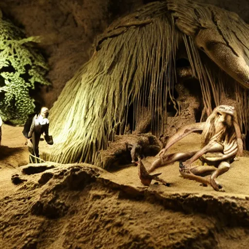 Image similar to natural history museum diorama of a caveman inspecting a ufo crash,