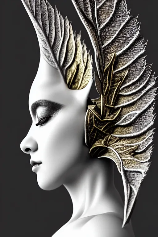 Image similar to monochrome close - up profile face, black background, beautiful porcelain vegetal - dragon - cyborg - female, beautiful natural soft rim light, silver gold details, magnolia leaves and stems, roots, mandelbot fractal, elegant, hyper real, ultra detailed, white metallic armour