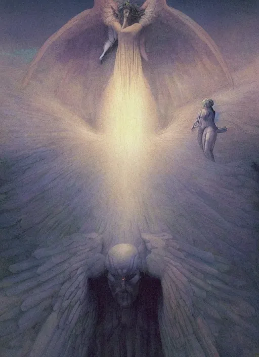 Image similar to giant white glowing angel rising above fallen demon lying on the foggy ground by wayne barlowe, wes anderson, arnold böcklin, roger dean, mikalojus konstantinas ciurlionis, mikhail vrubel and wadim kashin, rich moody colours, 90-s anime, ethereal, lo-fi retro videogame