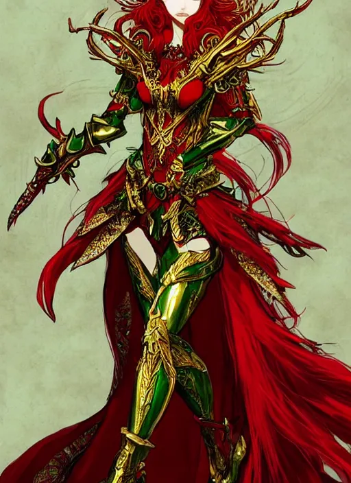 Prompt: Full body portrait of a beautiful red haired elven queen wearing red, green and gold queen dress and elaborate golden crown, bored look. In style of Yoji Shinkawa and Hyung-tae Kim, trending on ArtStation, dark fantasy, great composition, concept art, highly detailed.