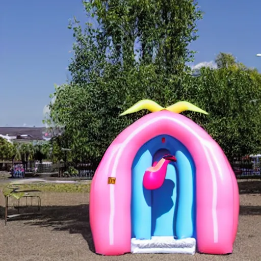 Prompt: inflatable flamingo restroom, a restroom shaped like an inflatable flamingo