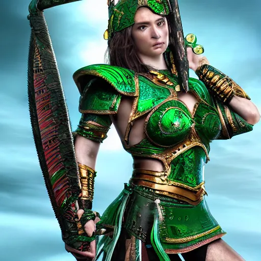 Prompt: cute warrior queen with malachite armour, highly detailed, 4k, HDR, smooth, sharp focus, hyper realistic, high resolution, award-winning photo