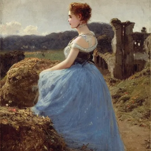Prompt: young lady in ball gown looking over ruins by alfred stevens