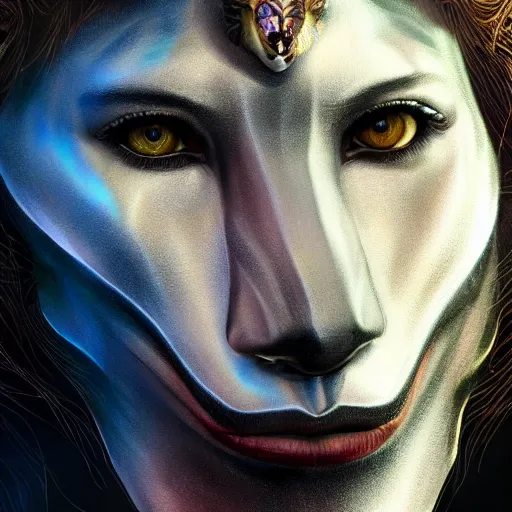 Prompt: Very very very very highly detailed epic zoom out photo of full face with lion rockstar venetian mask, intricate, dystopian, sci-fi, extremely detailed, digital painting, artstation, concept art, smooth, sharp focus, illustration, intimidating lighting, incredible art by Artgerm and Vincent di Fate