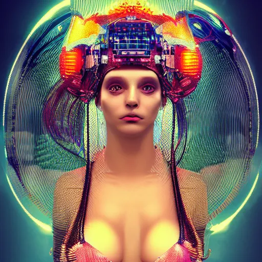 Image similar to give me a higher love, piles of modular synth cables, kawaii puerto rican goddess swimming up wearing a headpiece made of circuit boards, by cameron gray, wlop, stanley kubrick, masamune, hideki anno, jamie hewlett, unique perspective, trending on artstation, 3 d render, vivid