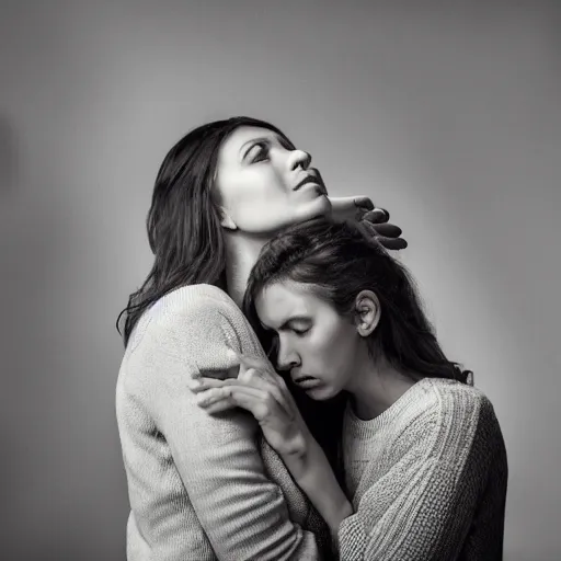 Prompt: photo of a beautiful angel woman comforting a woman