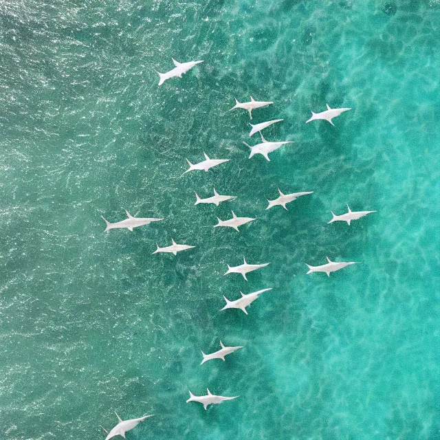 Prompt: looking down at thousands of hammerhead sharks, sharp focus, octane render