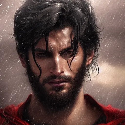 Prompt: superman with long beard, intense eyes, weary, side profile, wet, raining, close up, rim lighting, portrait, sinister atmospheric lighting. highly detailed painting by greg rutkowski, anime style
