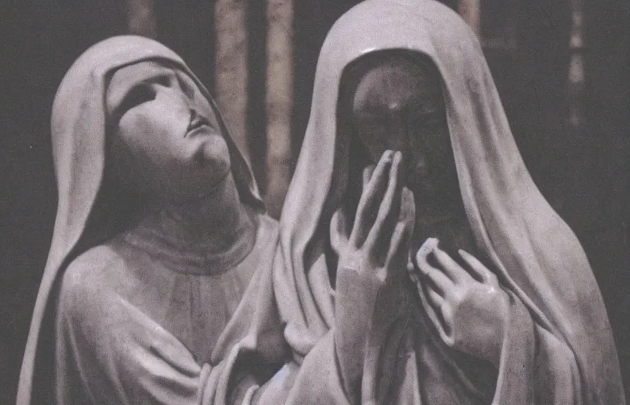 Prompt: statue of mother mary crying blood, grainy vintage photograph