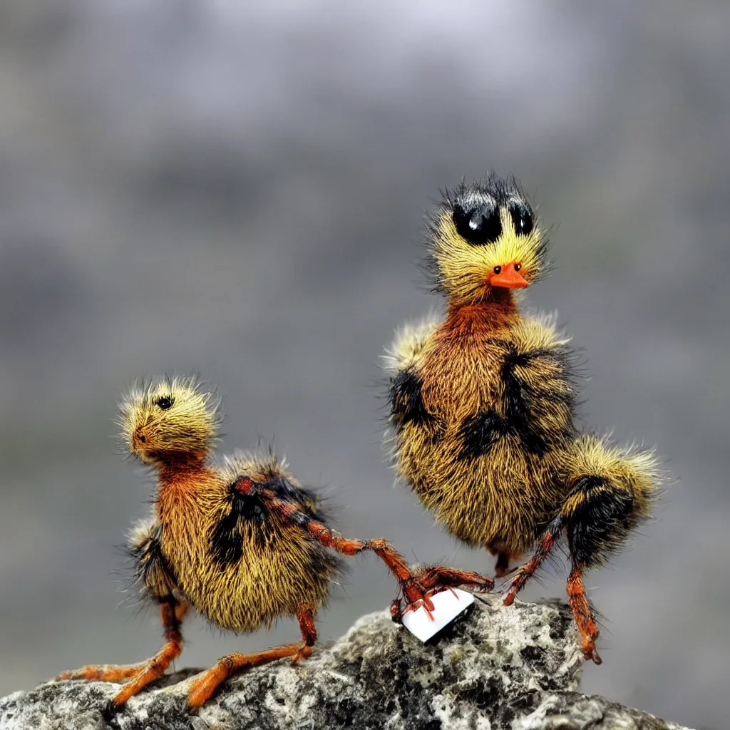 Prompt: cute beautiful duck-spider-monster with a beak and fluffy, alien landscape in background