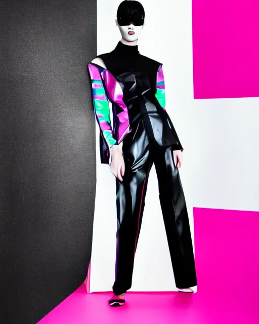 Image similar to a fashion photograph for Balenciaga's cyberpunk Bladerunner 2049 fashion line, dazzle camouflage, dayglo pink, dayglo blue, pearlescent white, raven black