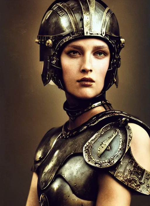 Prompt: close - up portrait of female roman gladiator with helmet and armor, art by paolo roversi