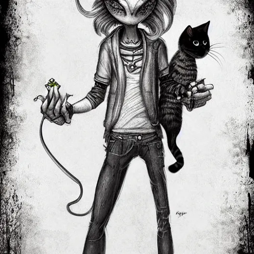 Image similar to grunge cartoon sketch of a human mixed with a cat by - michael karcz, loony toons style, horror theme, detailed, elegant, intricate