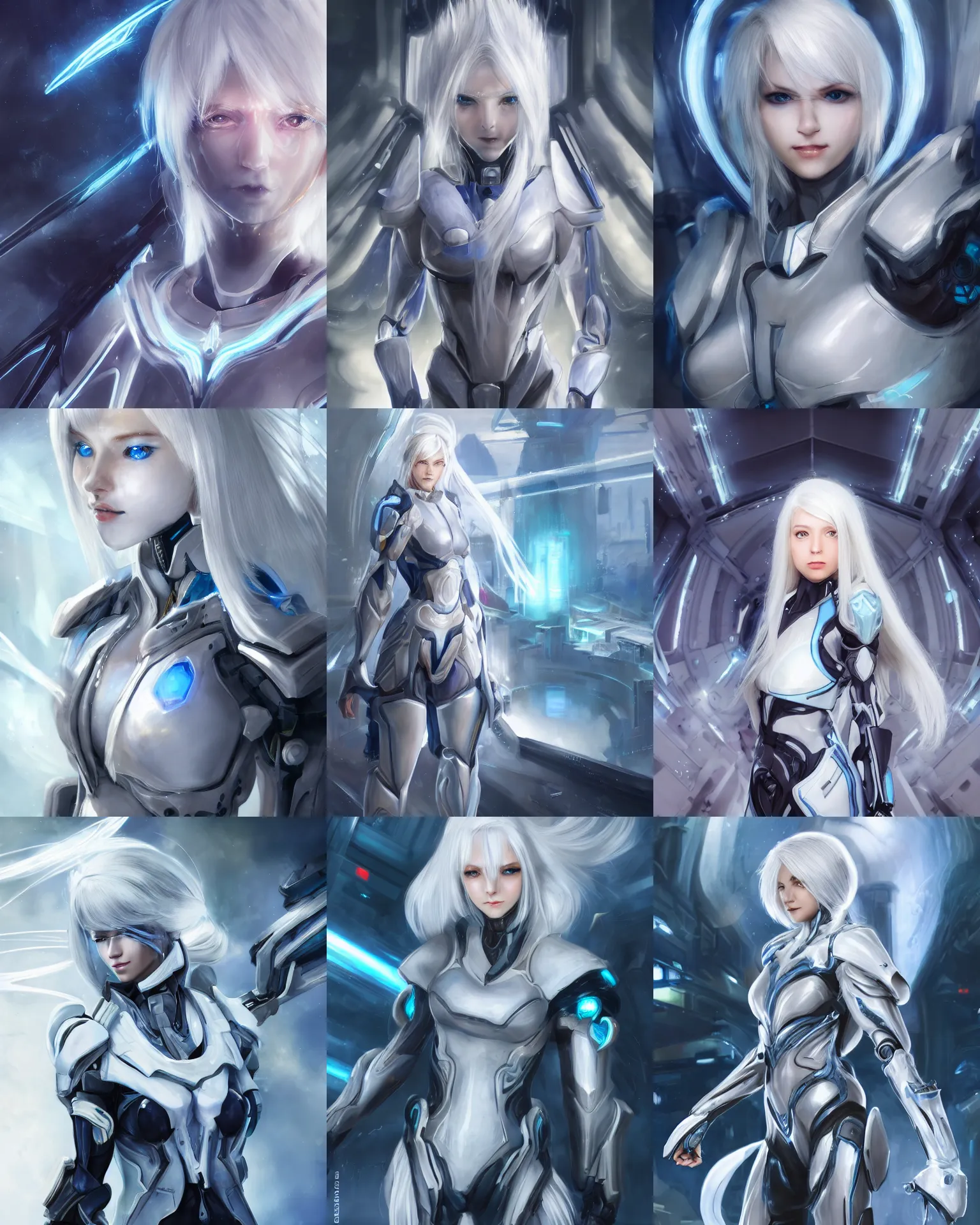 Prompt: perfect white haired girl, warframe armor, beautiful, dreamy, pretty face, blue cyborg eyes, portrait, bright light, scifi, emotional, utopian architecture in the background, laboratory, 4 k, high definition, ultra realistic, aura of light, cinematic, highly detailed, masterpiece, art by akihito tsukushi, akasuki brightmind