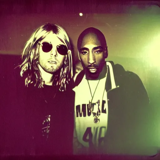 Image similar to Polaroid photograph of Kurt Cobain and Tupac Shakur in a club, blurry, XF IQ4, 150MP, 50mm, F1.4, ISO 200, 1/160s, natural light, Adobe Lightroom, photolab, Affinity Photo, PhotoDirector 365,