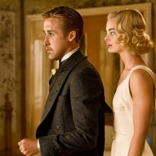 Image similar to still of ryan gosling and margot robbie, in the godfather