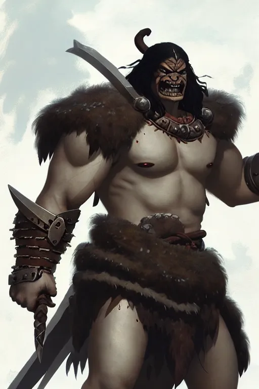 Image similar to orc barbarian wearing leather armor, full body shot, exquisite details, earth magic, mid view, design on a white background, by greg rutkowski, makoto shinkai, takashi takeuchi, studio ghibli