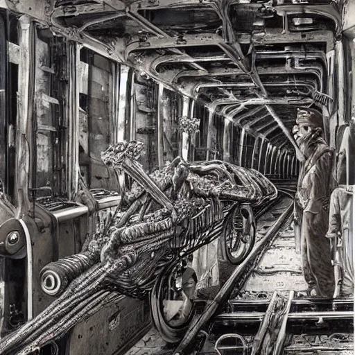 Image similar to boxcar made of human meat and bone, biomechanical railroad, highly detailed, War Photography, by H.R. Giger