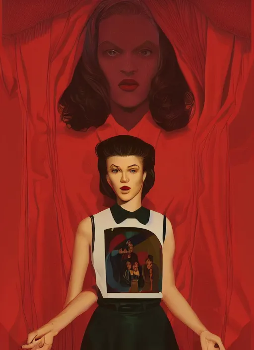 Image similar to Twin Peaks poster artwork by Michael Whelan, Bob Larkin and Tomer Hanuka, Karol Bak of portrait of Zendaya is a high school student working at the diner wearing waitress dress, from scene from Twin Peaks, simple illustration, domestic, nostalgic, from scene from Twin Peaks, clean