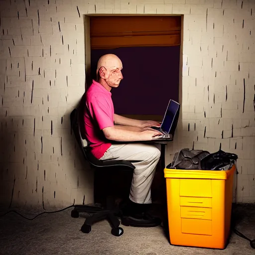 Prompt: golbin man hiding away on a computer in a dark hovel flash light lit dimly lit room