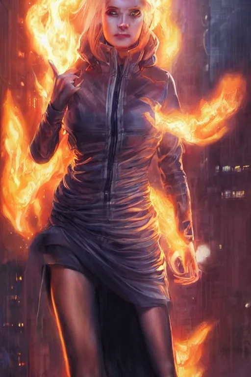 Image similar to wonderful young blonde woman with flames dancing on her hands with a long jacket in a cyberpunk city, realistic, high definition, detailed and symetric face, detailed and realistic hands, expressive eyes, 4 k, shimmering color, art by artgerm ans greg rutkowski and magali villeneuve