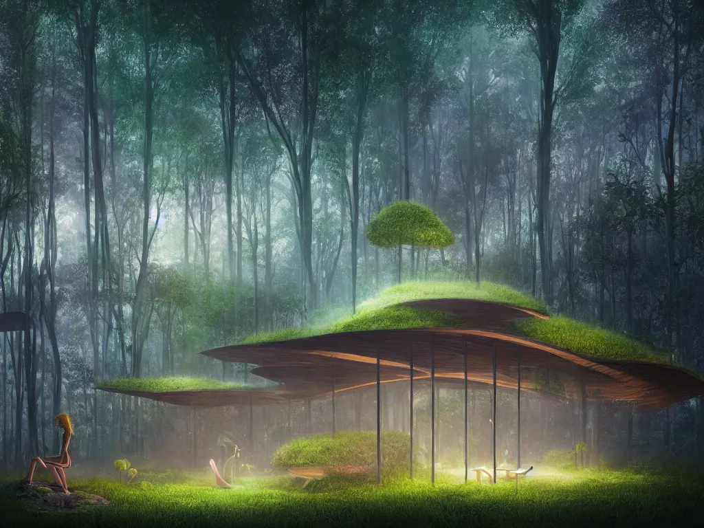 Prompt: beautiful organic house made of imaginary plants in a forest, architectural render, futuresynth, chillwave, by Gabriel Dawe, by Skottie Young, by Jessica Rossier, vegetal architecture, by moebius, by Isaac Cordal, night, (mist), lights, junglepunk, blender, trending on artstation