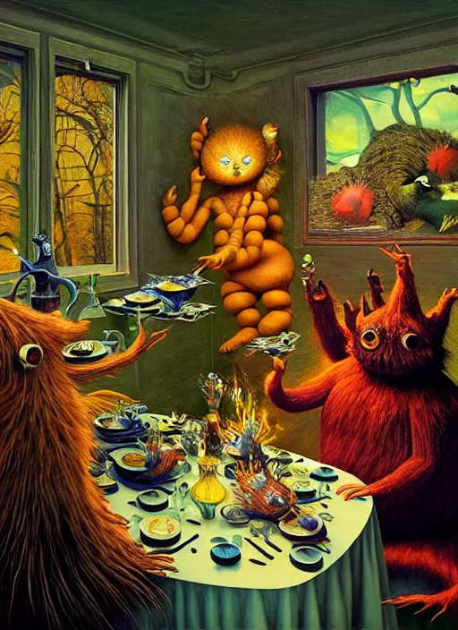 Image similar to hyper detailed 3d render, Oil painting, a decadent fairy dinner party - where the wild things are by Jacek Yerka, Mariusz Lewandowski, Houdini algorithmic generative render, Abstract brush strokes, Masterpiece, Edward Hopper and James Gilleard, Zdzislaw Beksinski, Mark Ryden, Wolfgang Lettl, hints of Yayoi Kasuma, octane render, 8k