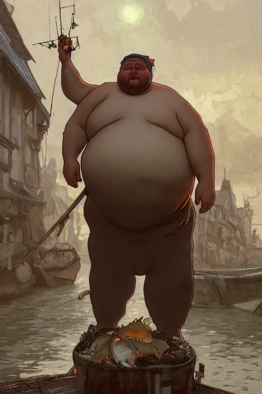 Prompt: fullbody portrait of a fat man wuth fish - like features, dressed with old dirty clothes, soft light, by greg rutkowski and alphonse mucha, in front of an olf fishing village background, highly detailed portrait, digital painting, artstation, concept art, smooth, sharp focus illustration