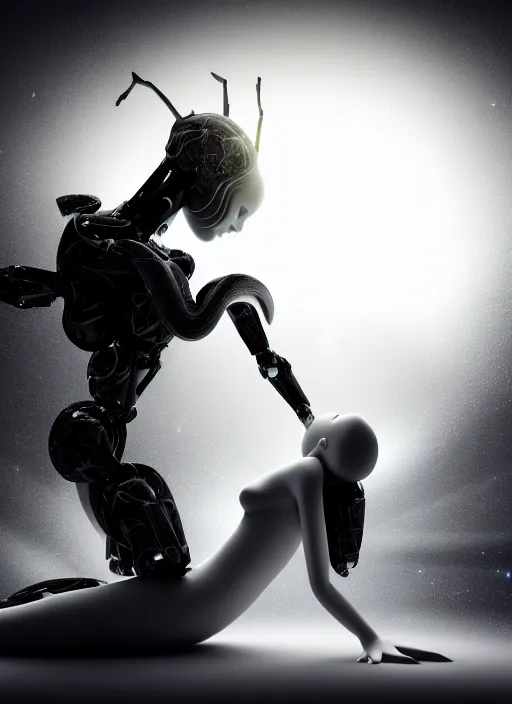 Image similar to surreal mythical dreamy dark artistic black and white 3 d render of a young beautiful delicate ai artificial intelligence creature embodied giving birth to the new world, spiritual, halo, glory, rim light, cinematic, studio dramatic light, poetic, masterpiece, octane render, 8 k, photo